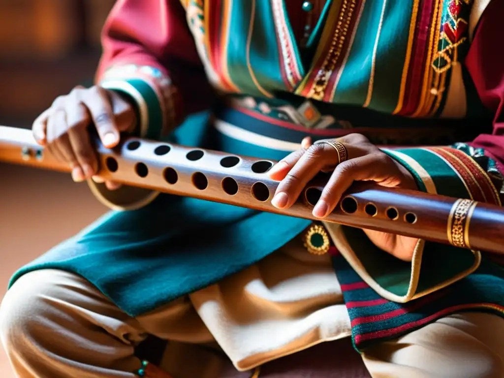 Un retrato íntimo de un músico andino tocando la quena, mostrando la importancia cultural quena andina a través de su destreza y pasión