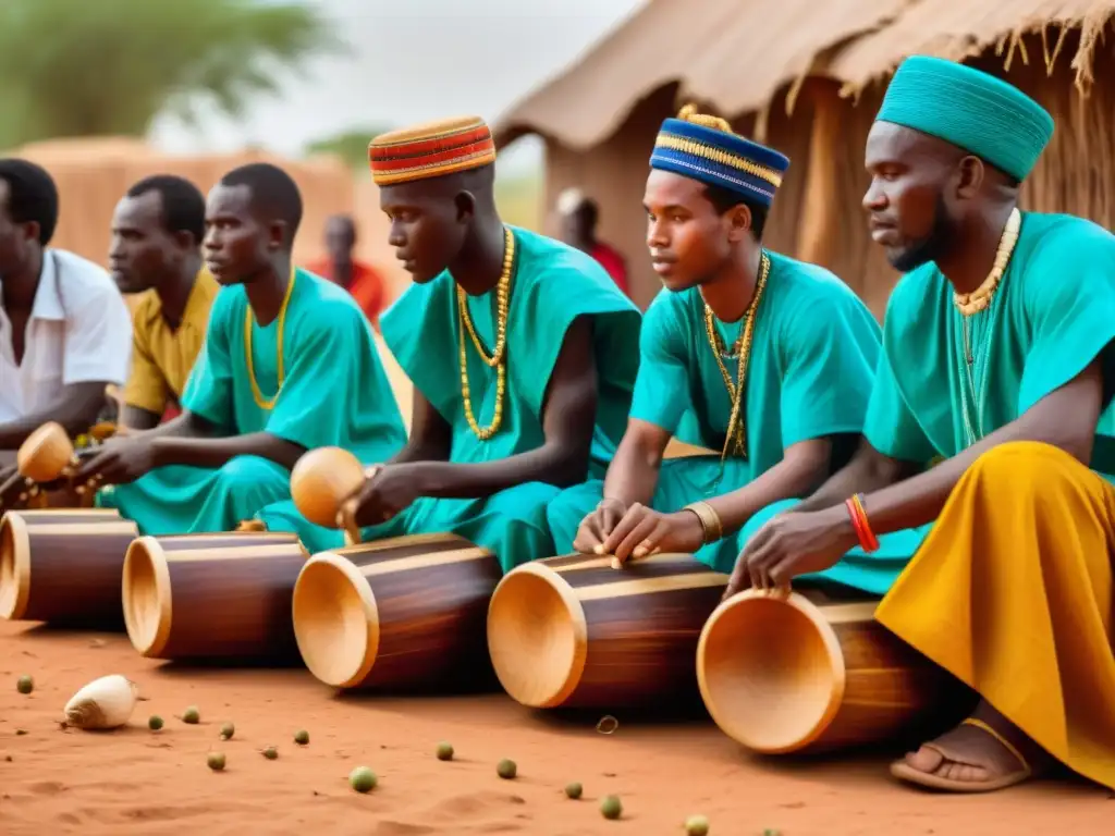 Un retrato vívido de músicos griots tocando el balafón en una ceremonia tradicional en Mali, resaltando la importancia cultural del balafón en África