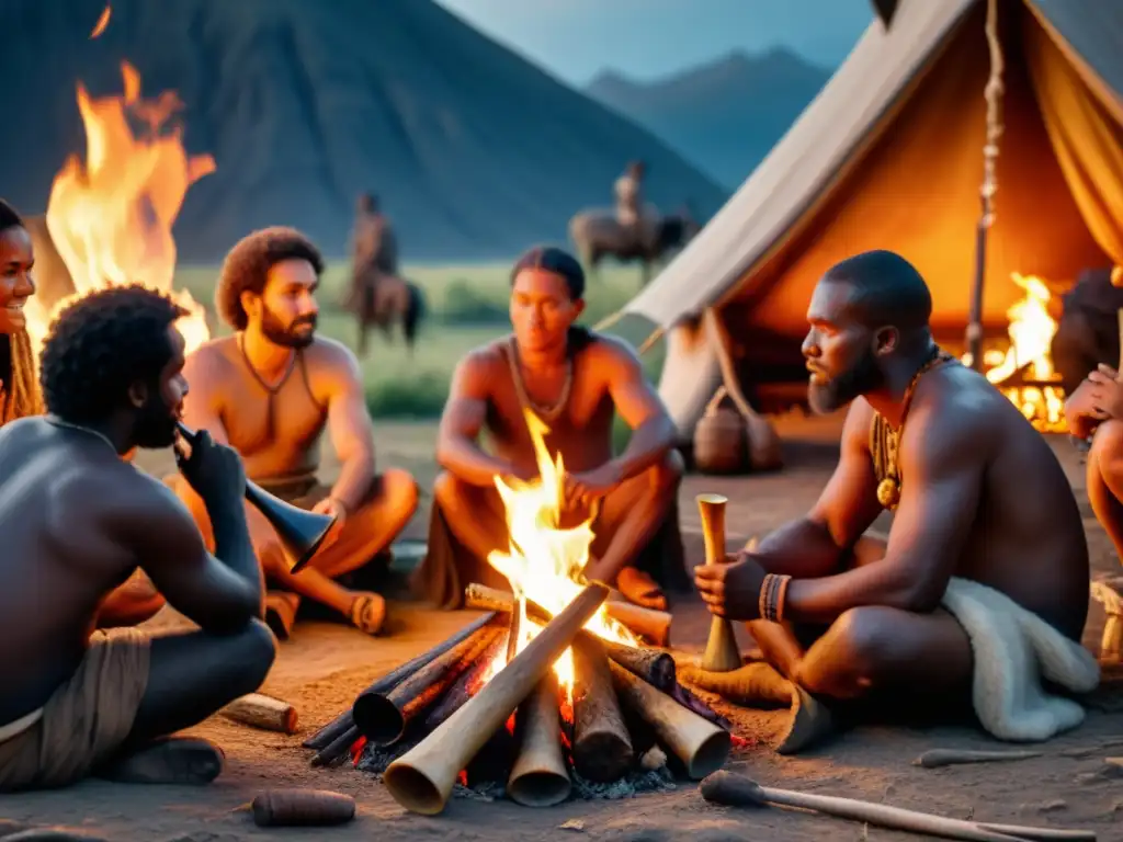 Reunión prehistórica alrededor del fuego, con primitiva corneta prehistórica comunicando música ancestral