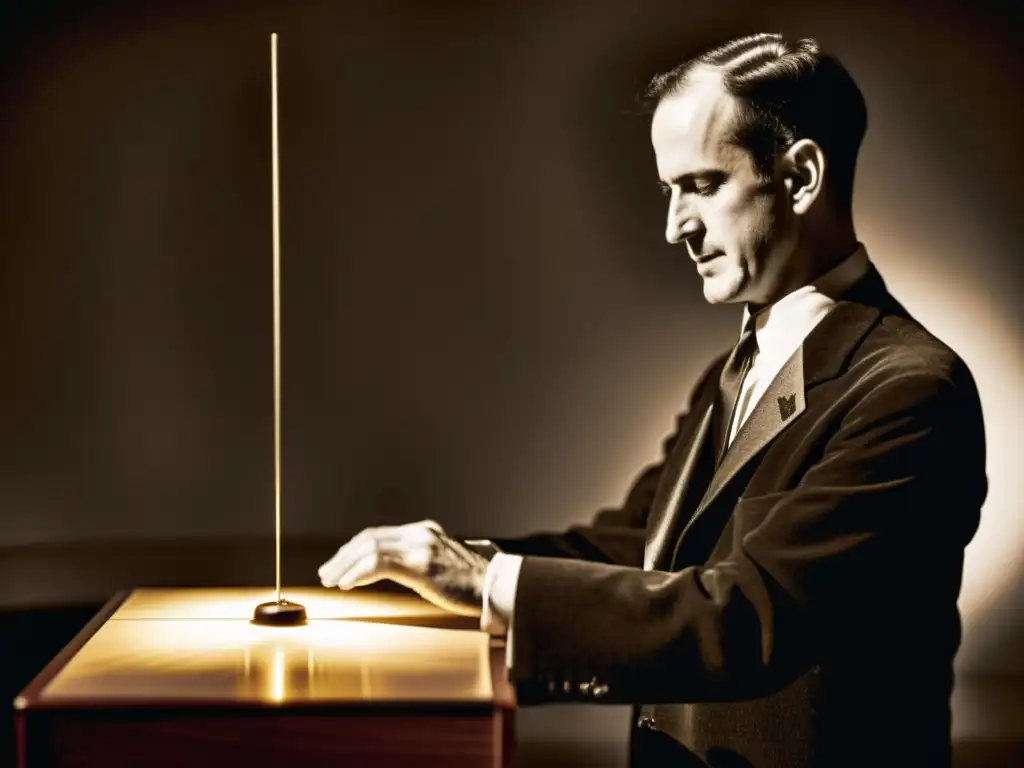 Leon Theremin en sepia demostrando su revolucionario instrumento musical electrónico, evocando historia e innovación