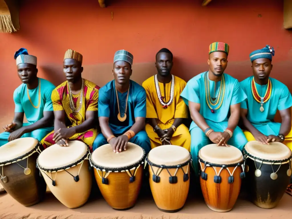 Bougarabou: ritmos influencia global, músicos africanos tocando tambores en ambiente tradicional, energía cultural vibrante