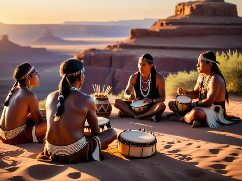 Un ritual espiritual con instrumentos nativos americanos al atardecer, evocando conexiones espirituales