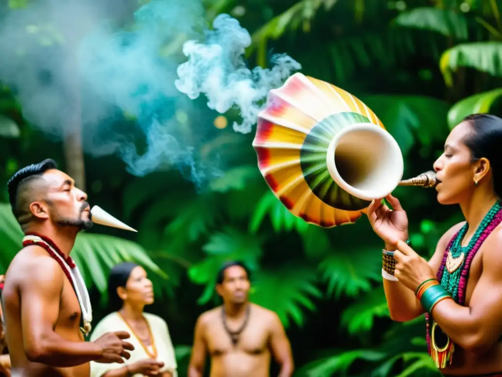 Un ritual latinoamericano con un chamán tocando un caracol decorado en la selva