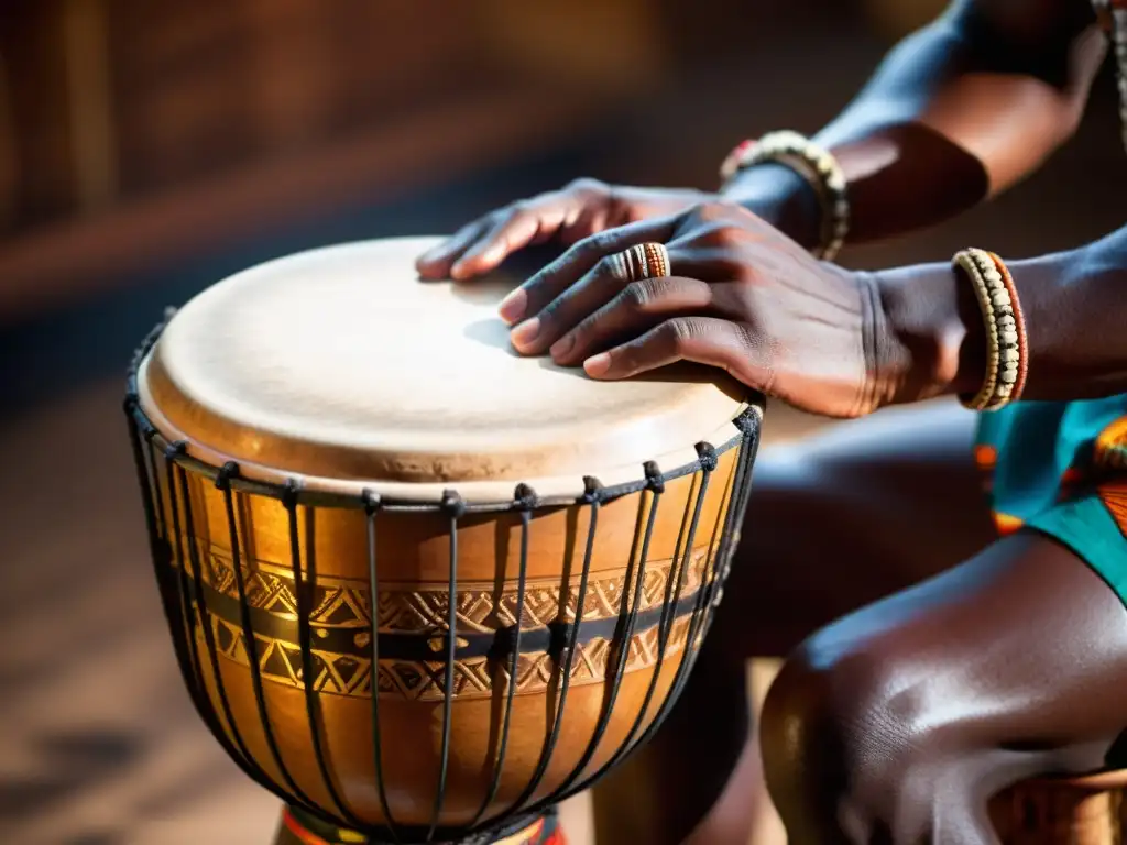 Un ritual de percusión africana, con manos en movimiento sobre un djembe tallado