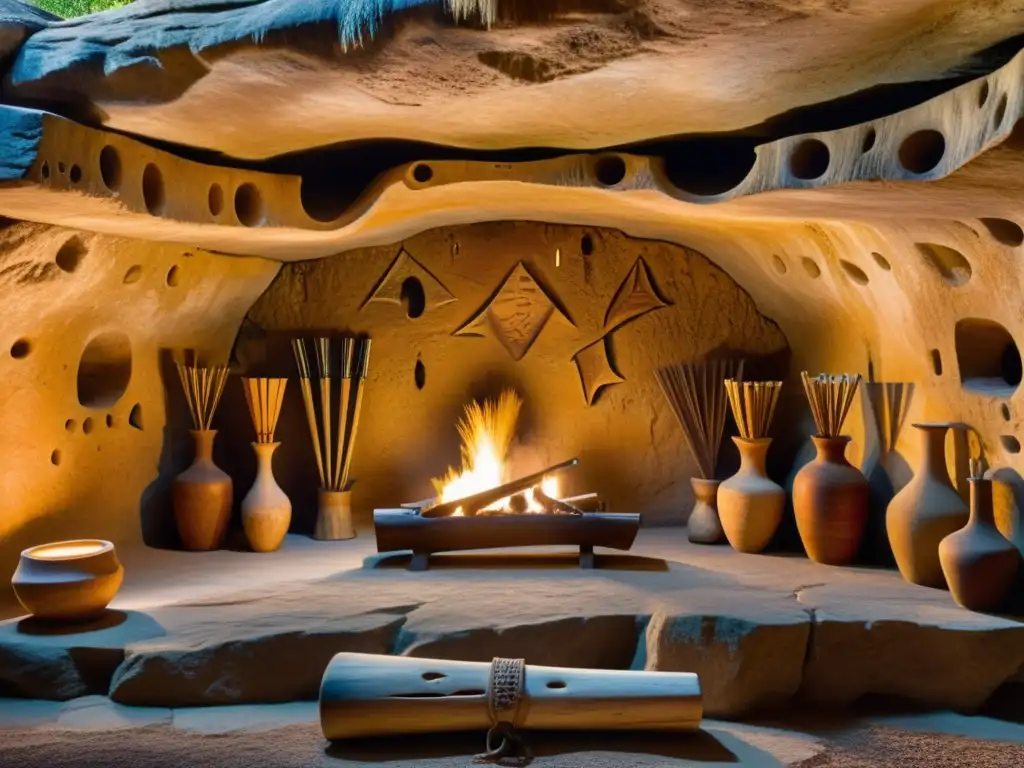 Rituales prehistóricos con instrumentos musicales antiguos en altar de piedra