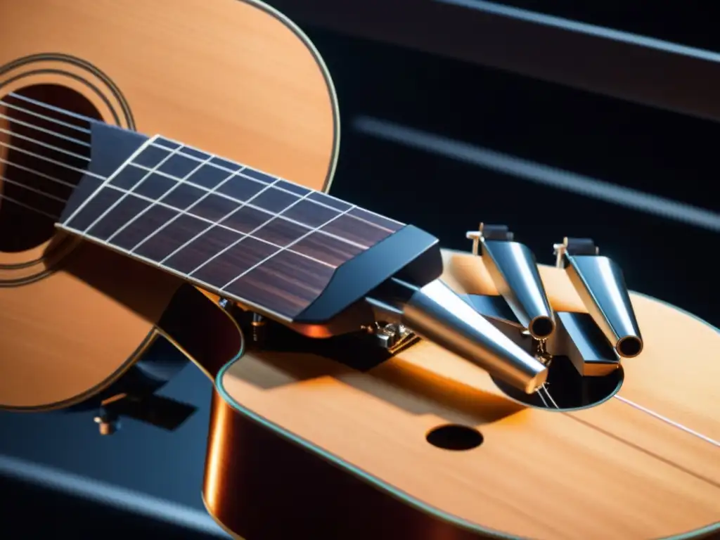 Un robot toca con destreza una guitarra clásica en un teatro, fusionando música y tecnología