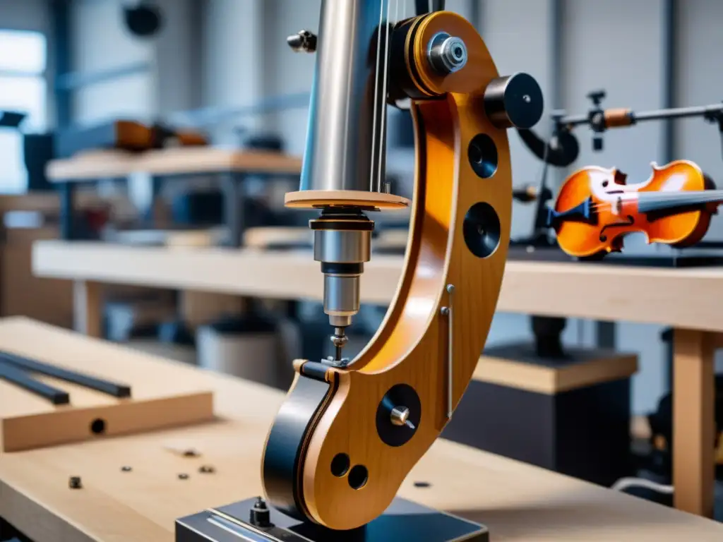 Robótica en la Fabricación Musical: Un brazo robótico detalladamente ensamblando un violín en un taller moderno, rodeado de maquinaria de alta tecnología y artesanos trabajando a mano en otros instrumentos musicales