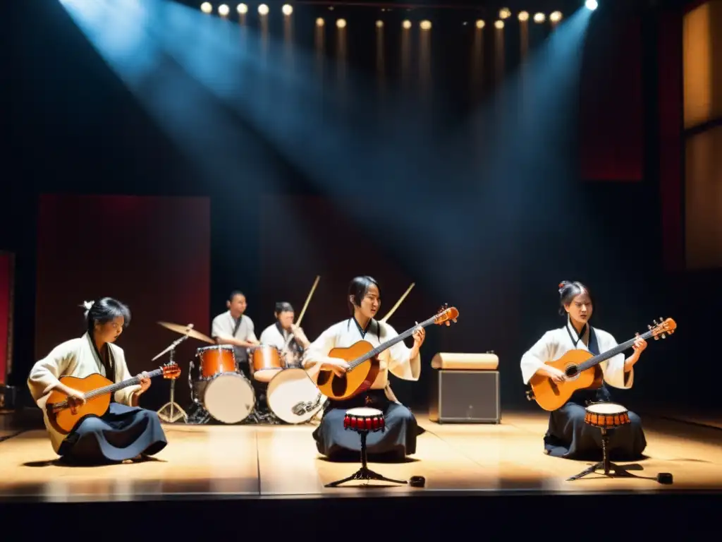 Fusión del shamisen con rock: Grupo de músicos en escenario, con un intenso juego de luces y sombras, fusionando lo tradicional con lo moderno