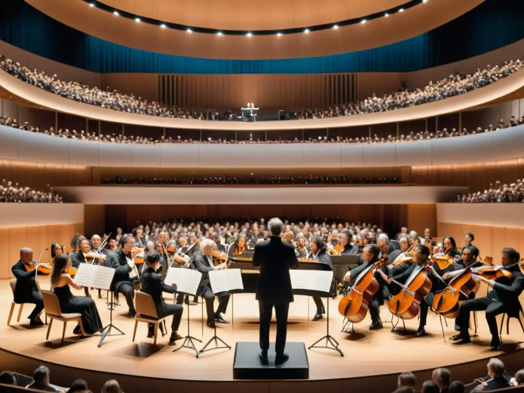 Una sala de conciertos tradicional llena de una audiencia diversa, con una orquesta sinfónica en el escenario