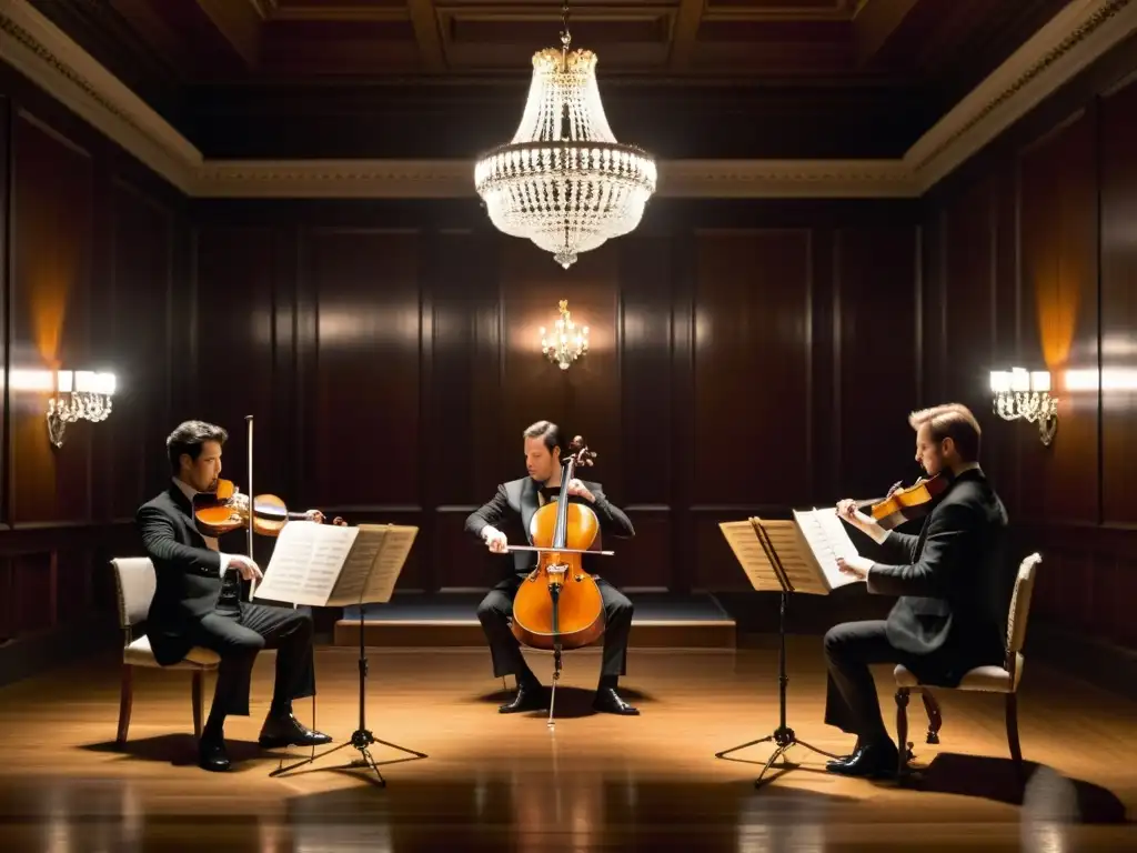 Un salón de música con cuerdas, envuelto en una cálida atmósfera romántica