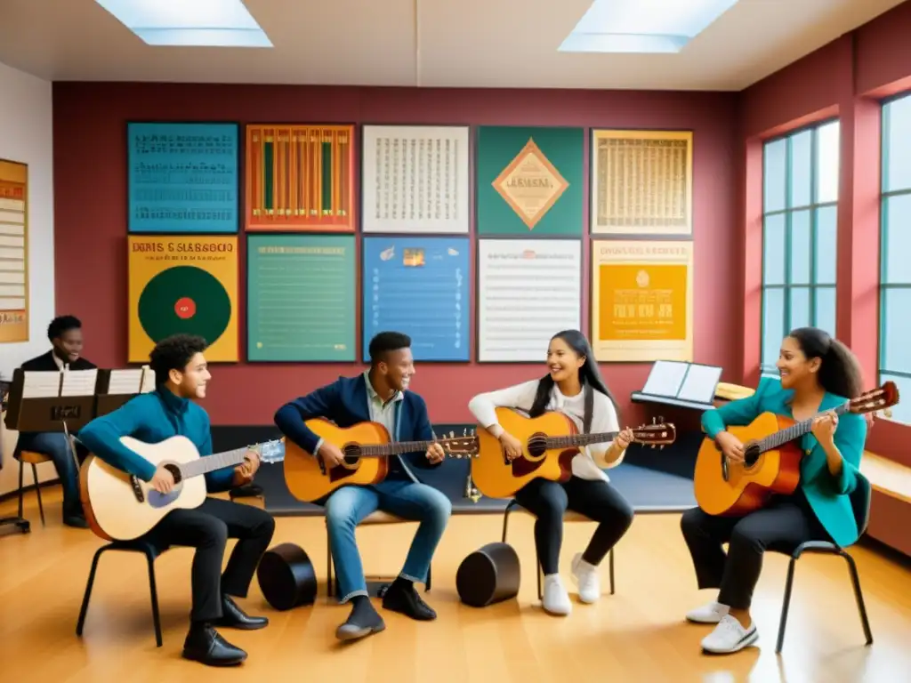 Salón de música con estudiantes de diferentes culturas tocando instrumentos tradicionales, en una vibrante enseñanza global de música