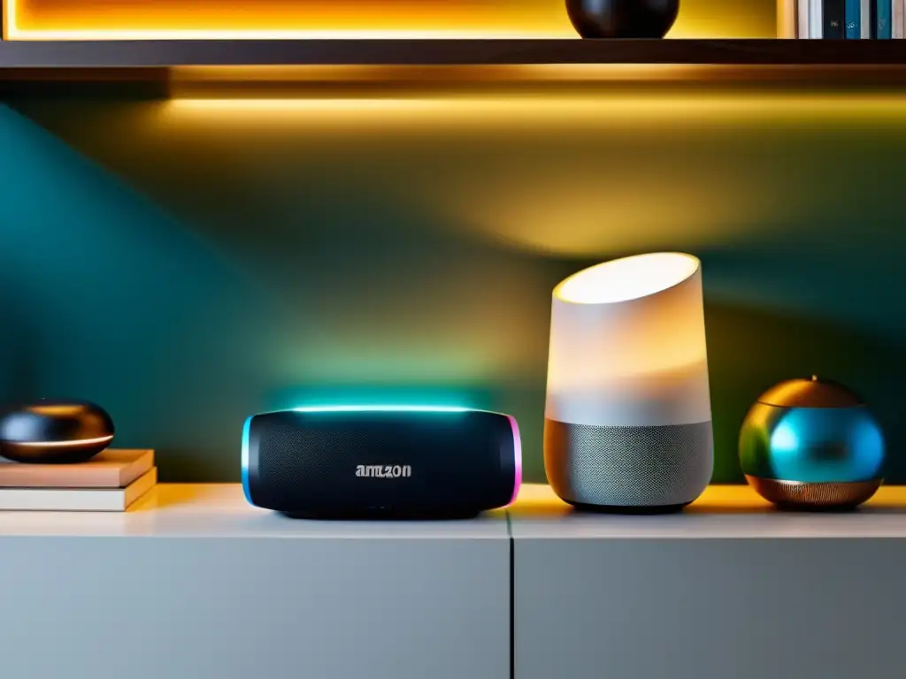 Un salón moderno con altavoces inteligentes Amazon Echo y Google Home, destacando su impacto en la música en casa