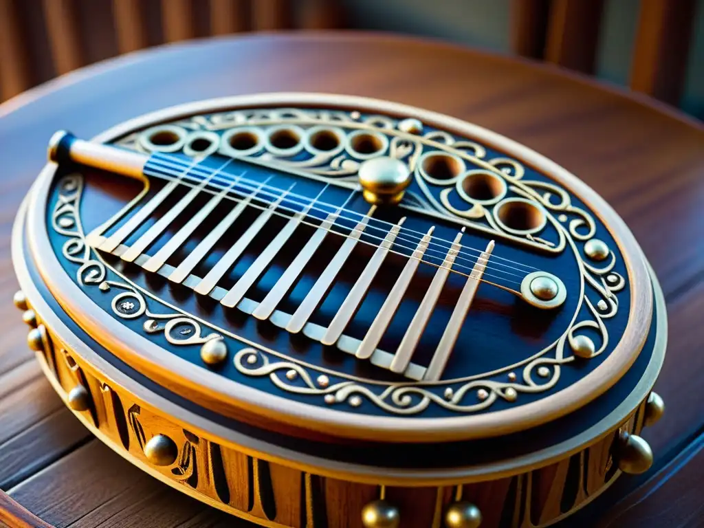Salterio antiguo: puente entre tradiciones musicales Un salterio antiguo con tallados detallados en madera y rodeado de artefactos históricos y notaciones musicales