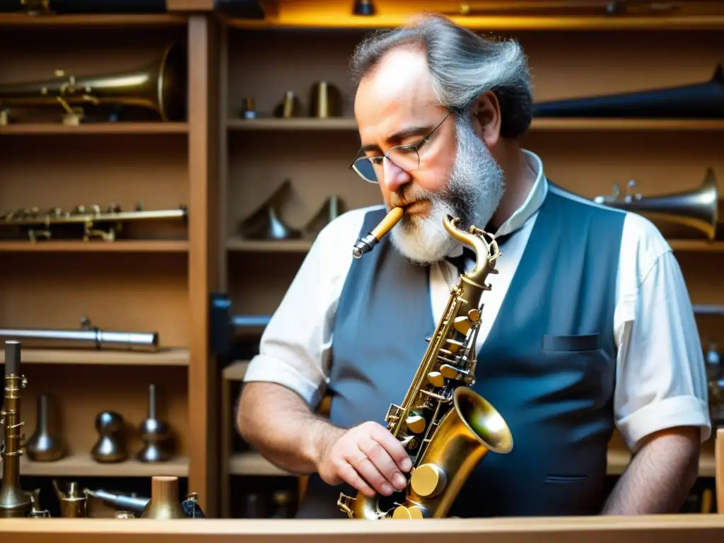 Adolphe Sax, inventor del saxofón, trabaja en su taller rodeado de herramientas e instrumentos musicales