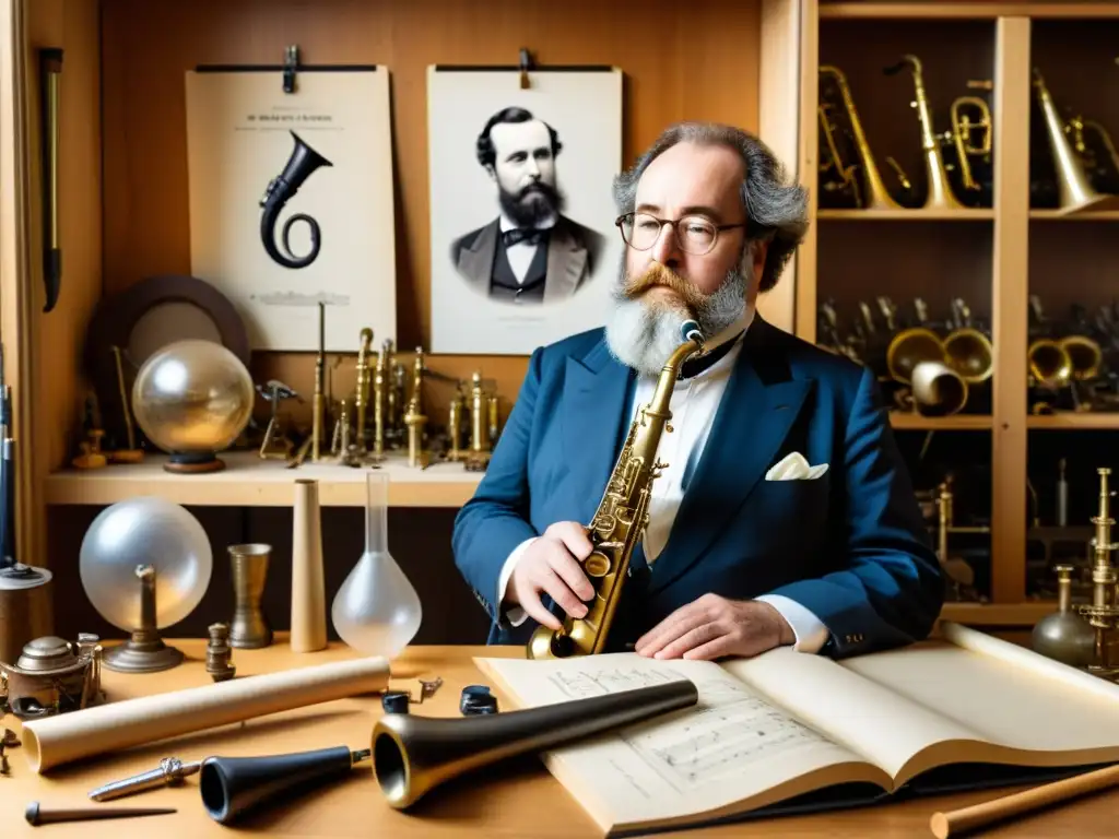 Adolphe Sax, inventor del saxofón, trabaja en su taller rodeado de herramientas, bocetos y prototipos