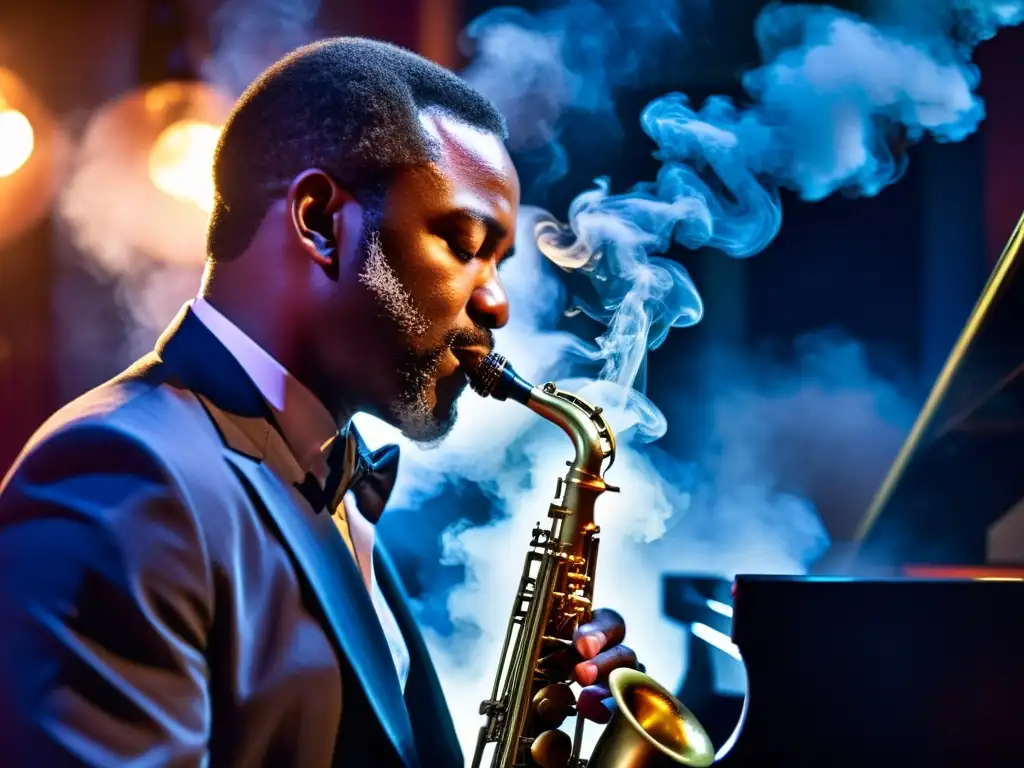 Un saxofonista apasionado y habilidoso se pierde en el momento, improvisando en un club de jazz, iluminado por un foco, con humo y atmósfera vibrante