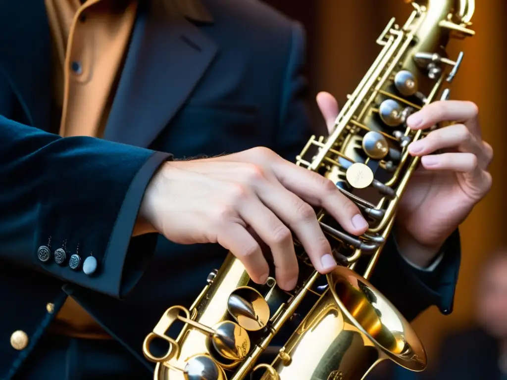 Un saxofonista apasionado toca el instrumento con maestría, mostrando la adaptación del saxofón al jazz en sus intensas manos y expresión