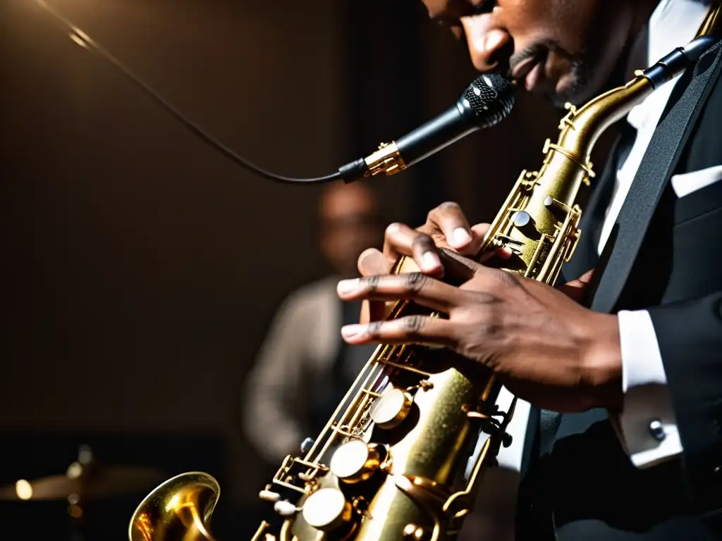 Un saxofonista apasionado ejecuta con precisión las técnicas de improvisación en el jazz, en un club vibrante