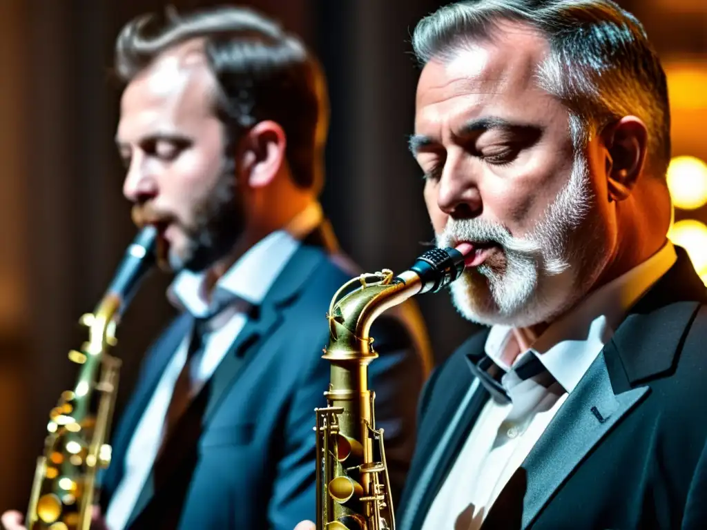 Saxofonista y clarinetista ejecutan la técnica 'slap tongue' con intensa concentración en un íntimo concierto