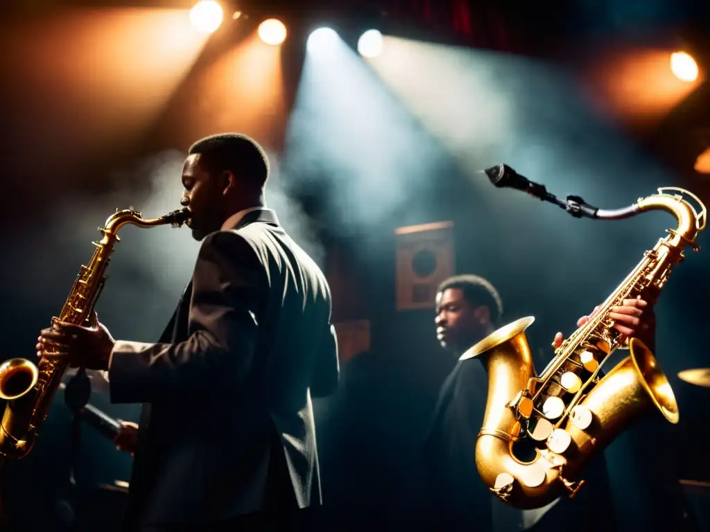 Saxofonista tocando en club de jazz ahumado