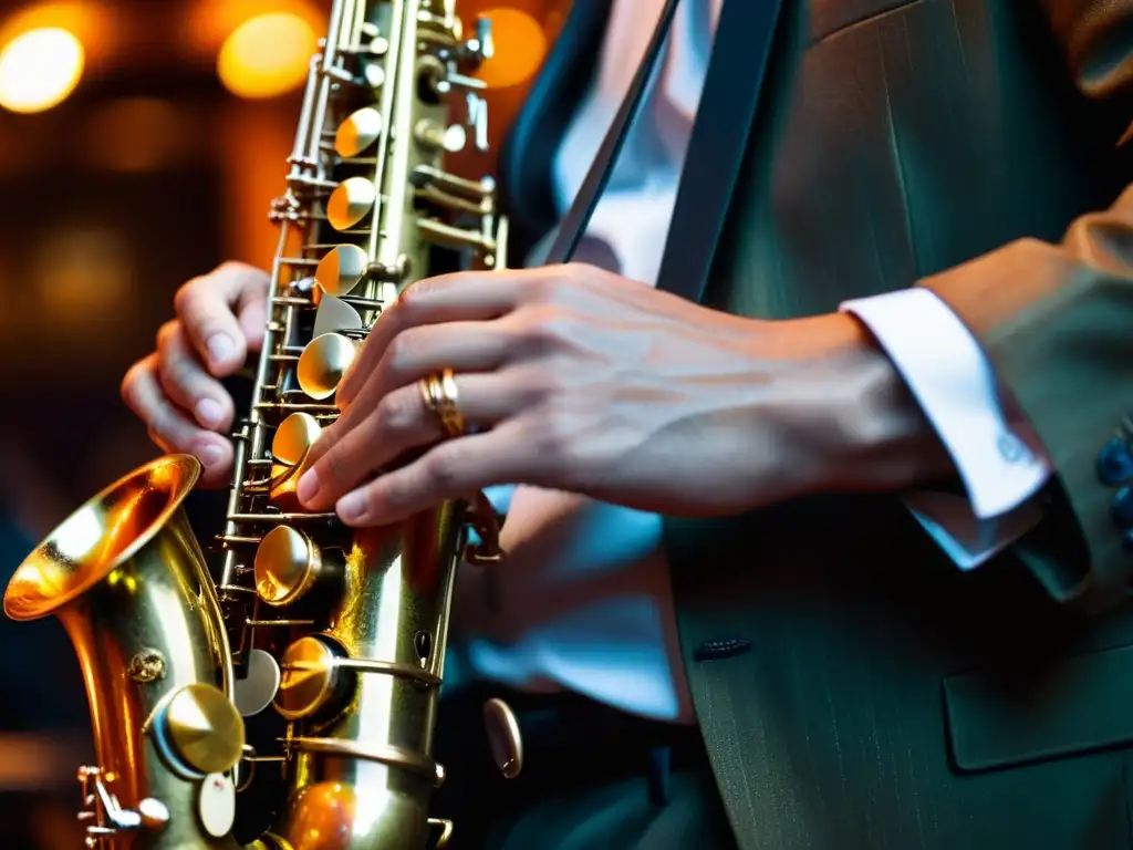 Saxofonista tocando apasionadamente en un club de jazz, mostrando la auténtica energía de la música en vivo