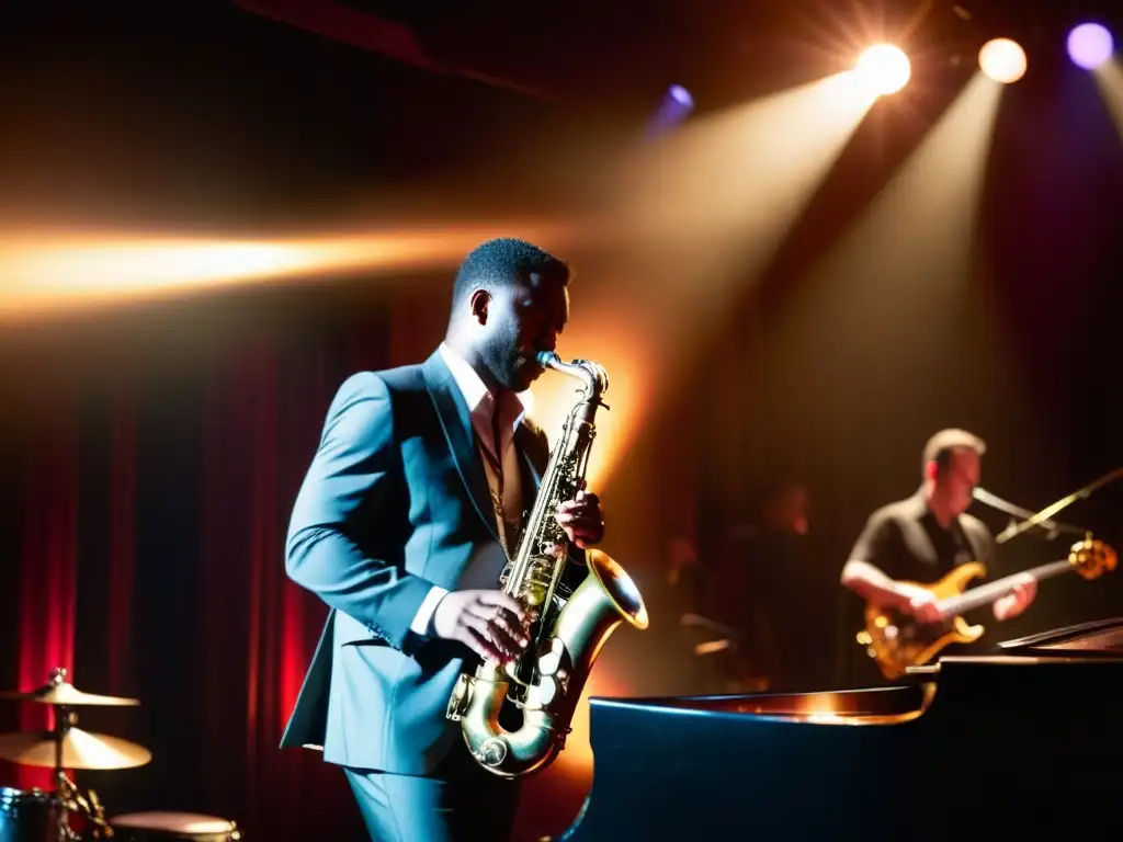 Un saxofonista en un club de jazz, bañado por luces cálidas, transmite la pasión de los instrumentos de viento en la era del pop