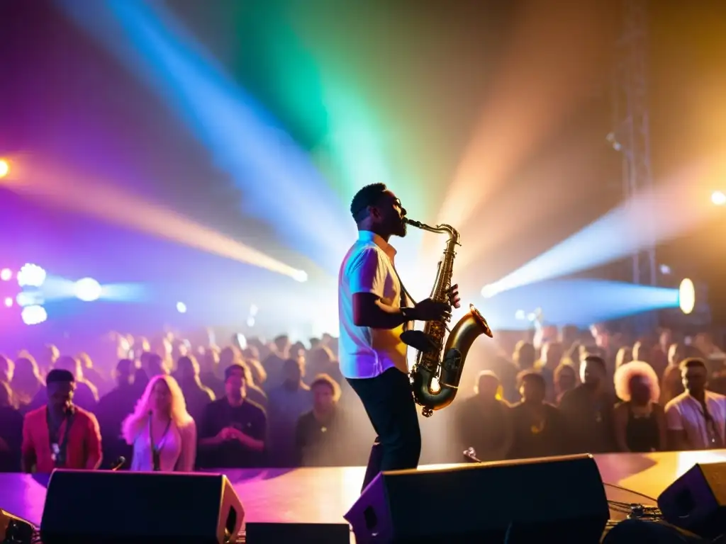 Un saxofonista tocando en un escenario en un festival de música vibrante, con luces de colores creando un ambiente hipnótico