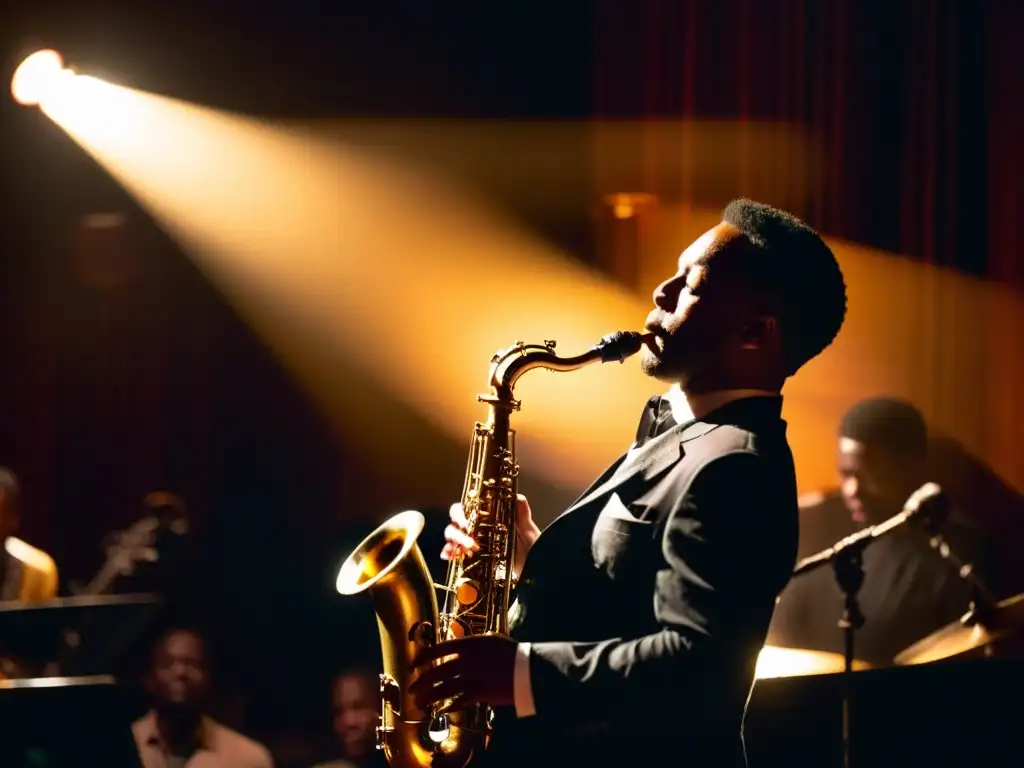 Saxofonista improvisando en un escenario de jazz, conectando con la audiencia