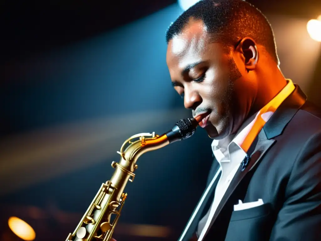 Un saxofonista experto se sumerge en el momento, tocando con pasión en un escenario con atmósfera de jazz