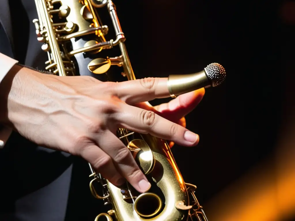 Un saxofonista experto ejecuta con precisión las teclas de un saxofón plateado en un escenario iluminado, transportándonos a un club de jazz