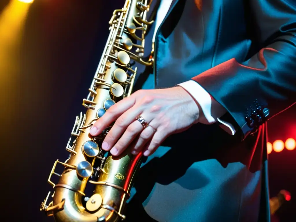 Un saxofonista tocando el instrumento con destreza, fusionando técnicas de saxofón con música electrónica, iluminado por luces de escenario vibrantes