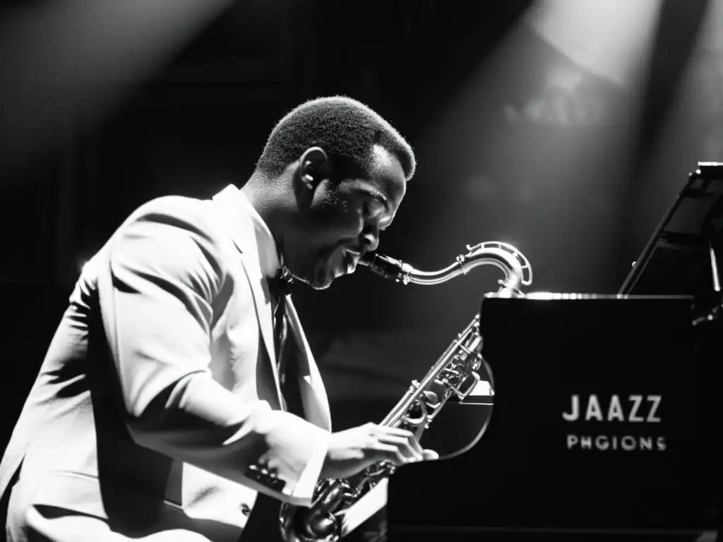 Un saxofonista de jazz negro y blanco evoca la intensidad de una actuación en vivo, reflejando la evolución del saxofón en el siglo XX