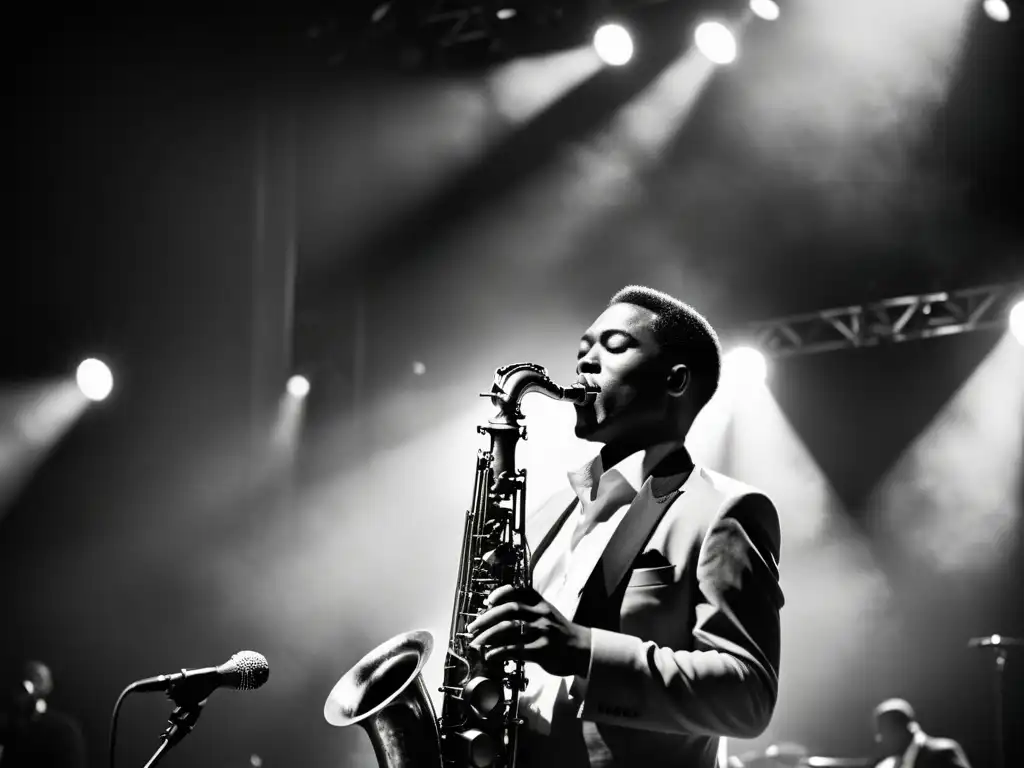 Un saxofonista de jazz talentoso interpreta con pasión en blanco y negro