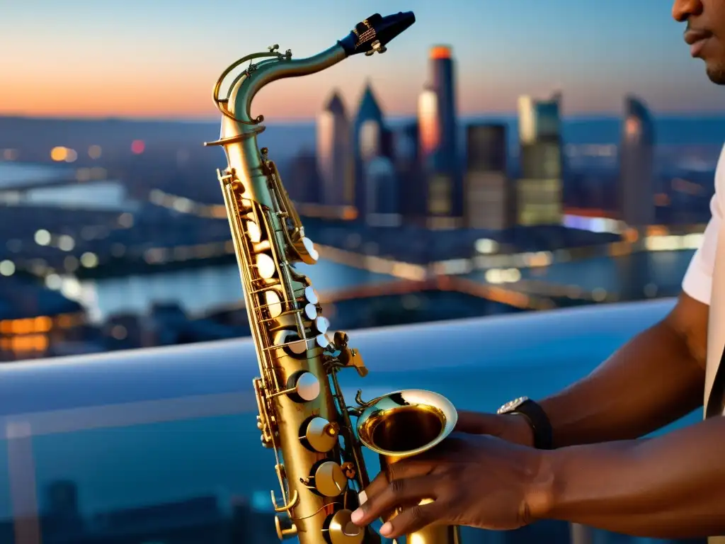 Un saxofonista profesional toca un saxofón de policarbonato ligero, con una ciudad al atardecer de fondo, evocando innovación y sofisticación