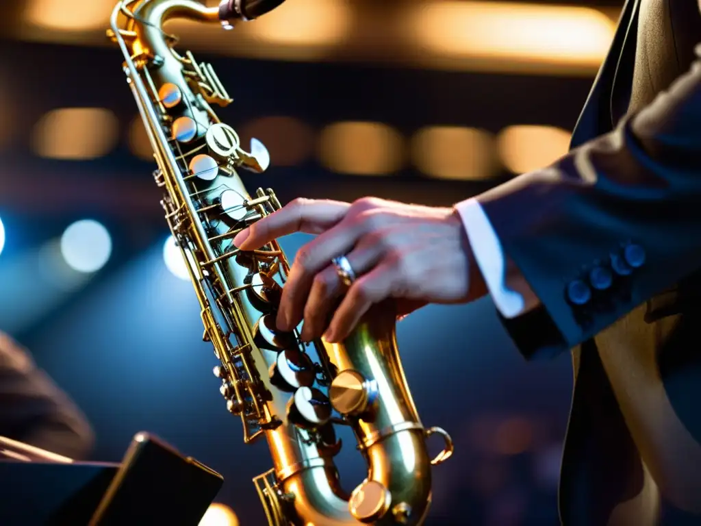 Un saxofonista hábil maniobra las teclas de su saxofón moderno en un escenario brillante, capturando la energía de un concierto