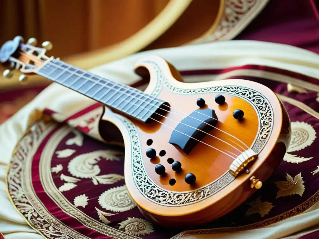 Una sitar ornamental descansa sobre seda vibrante, enmarcada por luz cálida