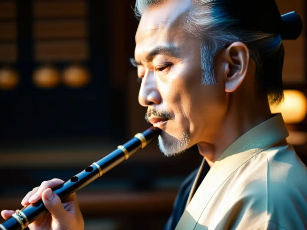 Tocando el shakuhachi con técnicas ancestrales japonesas, en un entorno tradicional y sereno