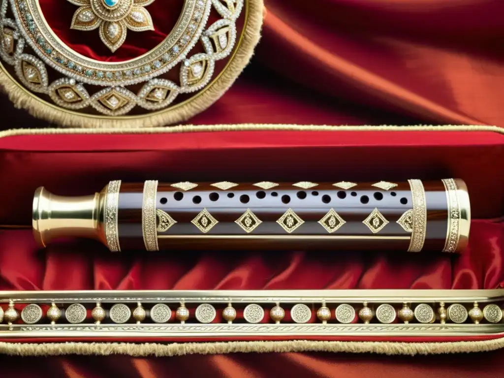 Un shehnai indio de madera de rosa pulida con incrustaciones de plata reposa sobre un cojín de seda escarlata, significado cultural del shehnai indio