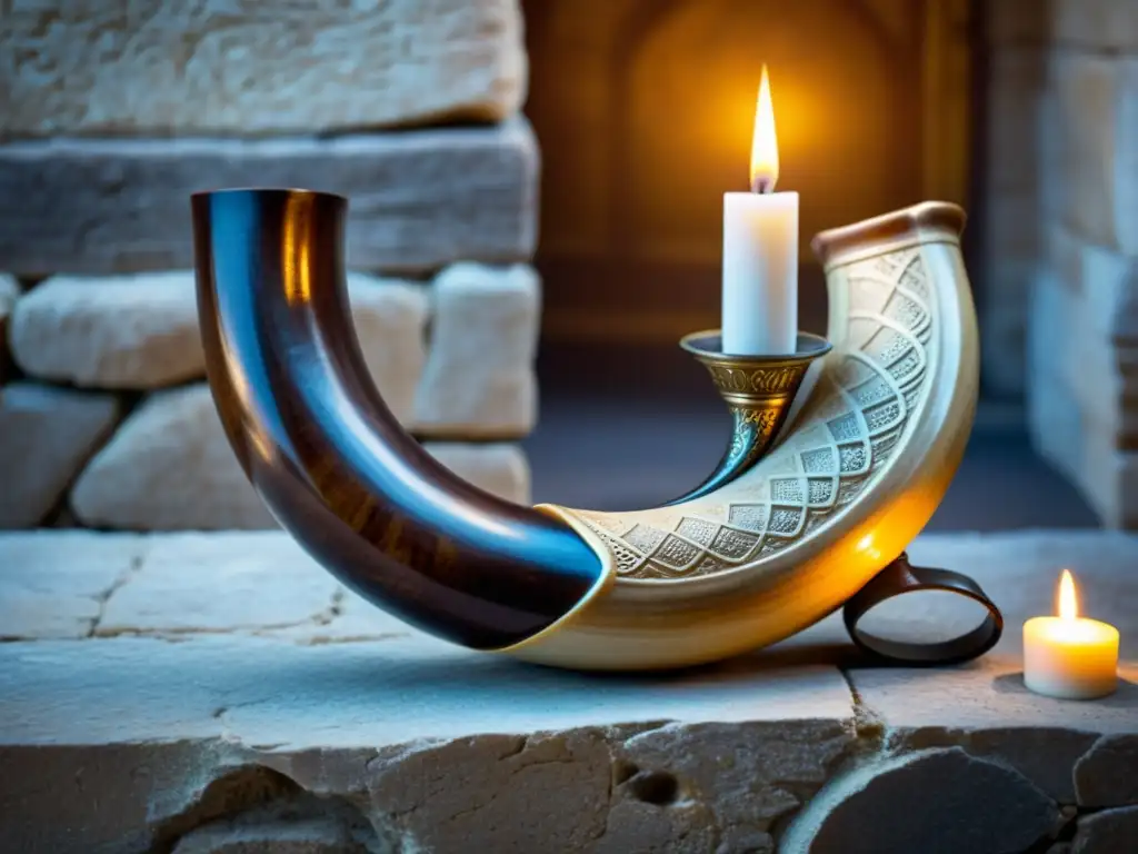 Un shofar tradicional de cuerno de carnero con detalles intrincados y acentos metálicos, sobre un fondo de antiguas paredes de piedra y luz de velas