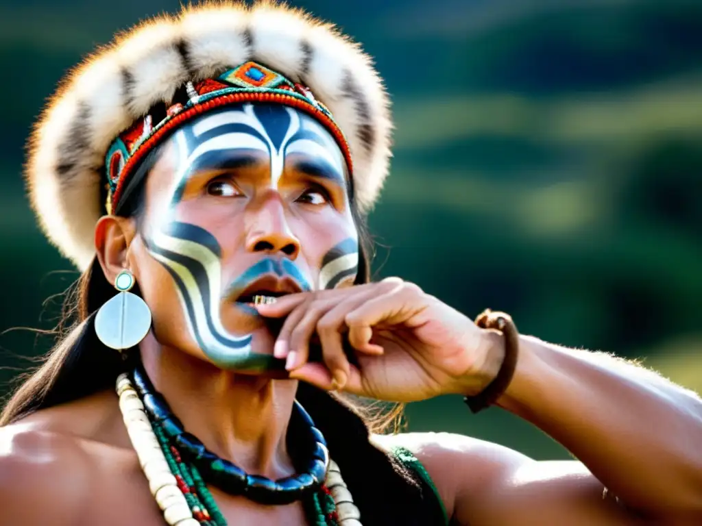 Un shaman siberiano toca el Arpa de Boca en un ritual, vistiendo atuendo tradicional en un ambiente místico