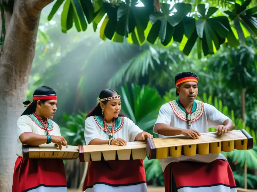 Ritual de Marimba: Música y Tradición Indígena Significado cultural de la marimba: Grupo de músicos indígenas realiza danza ceremonial bajo ceiba, reflejando reverencia y conexión espiritual