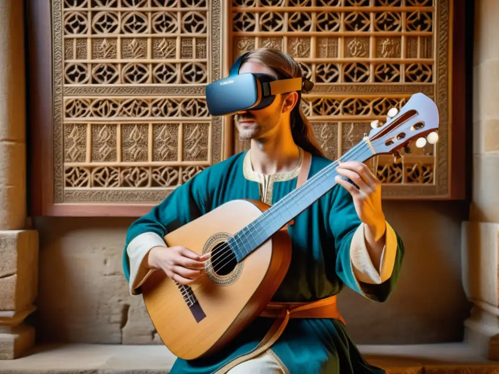 Simulaciones de VR de instrumentos históricos: Detalle realista de un laúd medieval tocado en un entorno virtual