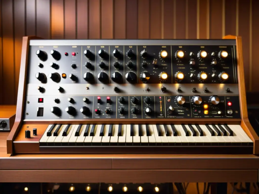 Sintetizador Moog vintage iluminado por cálidas luces de estudio, con detalles y desgaste que hablan de años de uso creativo