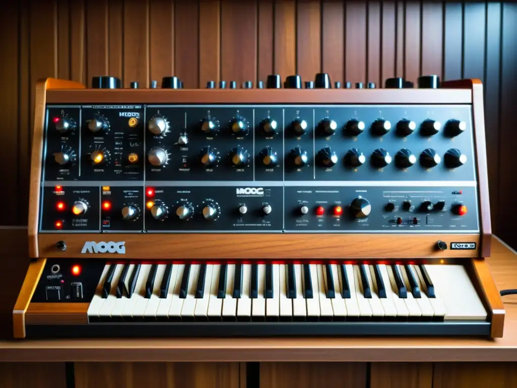 Una fotografía en alta definición de un sintetizador Moog vintage, destacando sus intrincados controles y cables