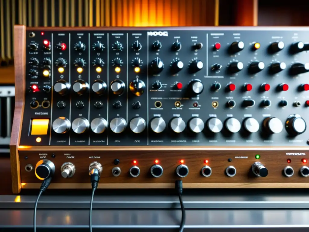 Un sintetizador Moog modular vintage con cables entrelazados, panel en cálido brillo, madera envejecida y controles desgastados