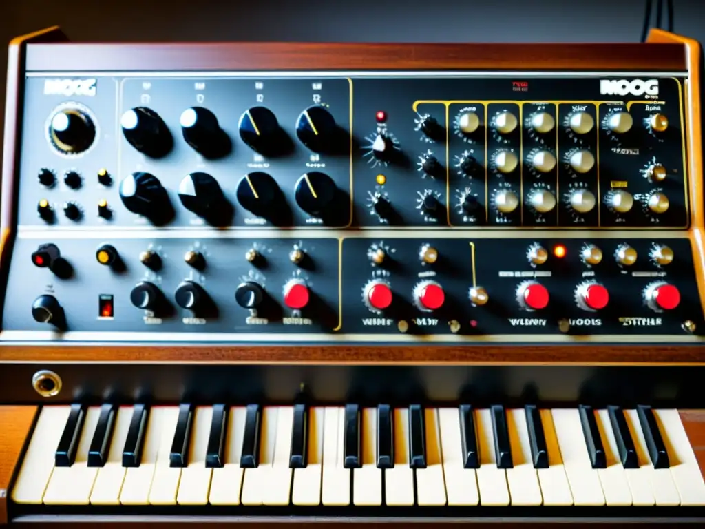 Un sintetizador vintage Moog, detallado y envejecido, con patina cálida y desgaste que le otorgan carácter