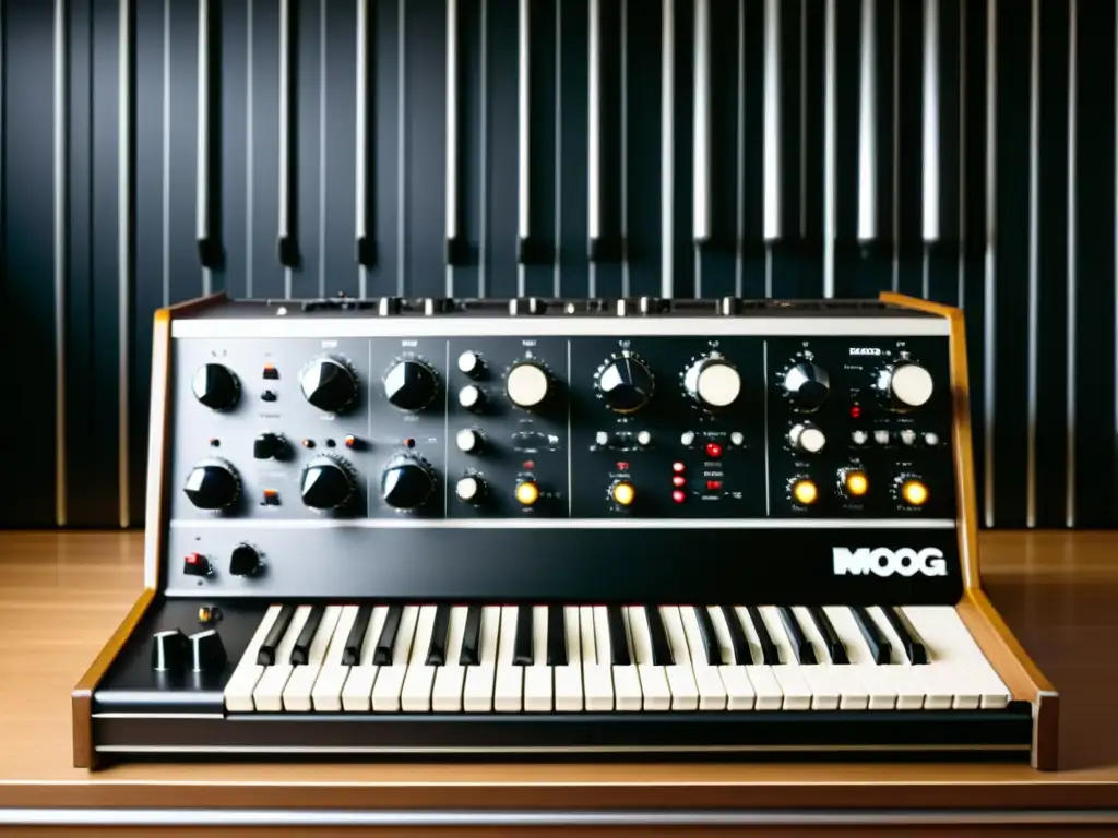 Un Moog sintetizador vintage en un estudio de grabación de los años 70, evocando la revolución de los sintetizadores en la música del siglo XX