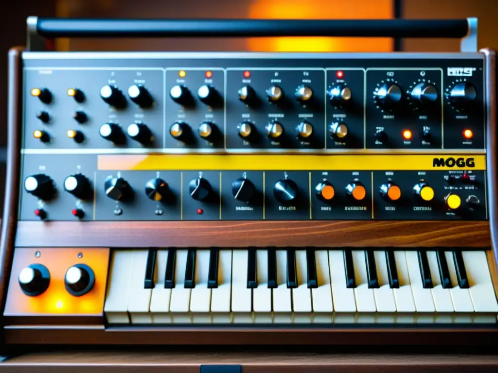 Un Moog sintetizador vintage con sus intrincados controles y cables, reflejando su rica historia y contribución a la música electrónica del siglo XX