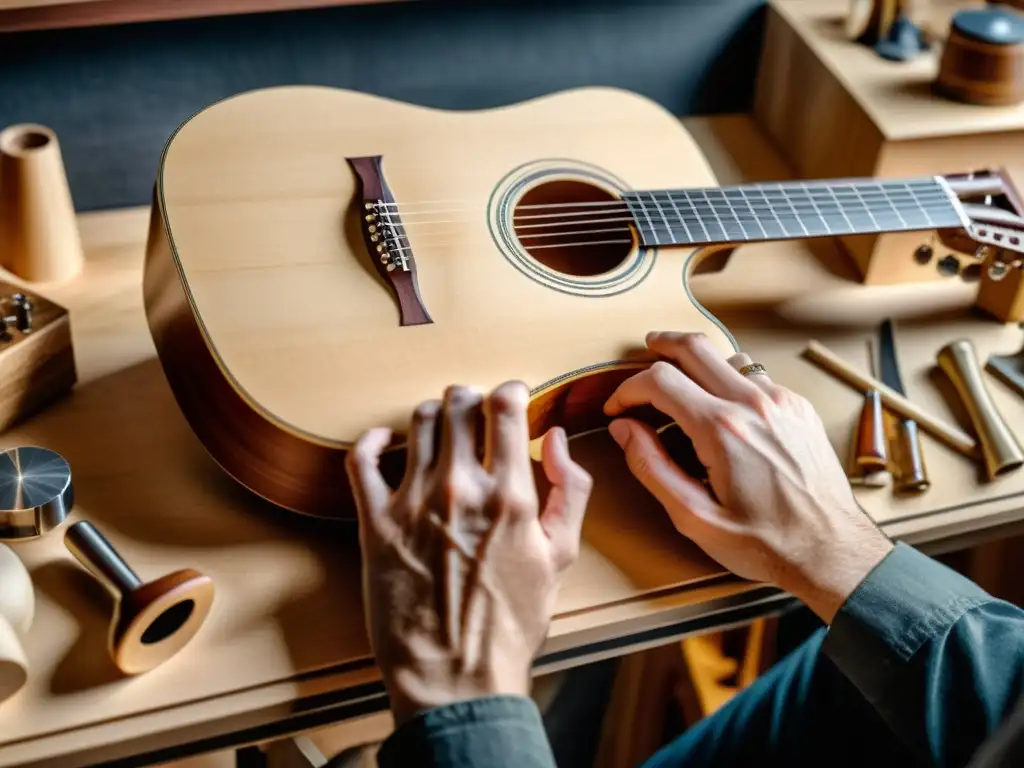 Maestría luthier: fusionando tradición y tecnología en la creación de guitarras acústicas Un luthier hábil utiliza software para diseñar una guitarra acústica, fusionando la artesanía tradicional con la tecnología moderna