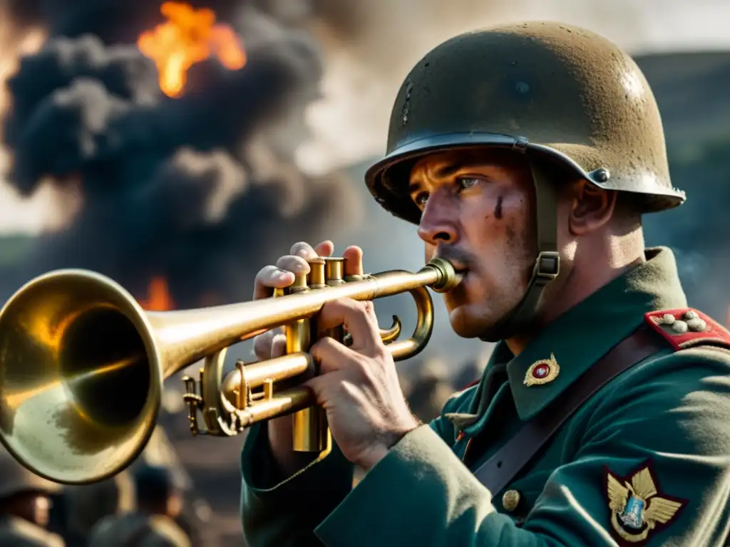 Soldado tocando una trompeta en medio del caos de la batalla en una escena cinematográfica